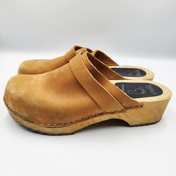 Vollsjo Original Tan Genuine Leather Wooden Clogs Swedish Design Handmade Sz 40 - Picture 3 of 9